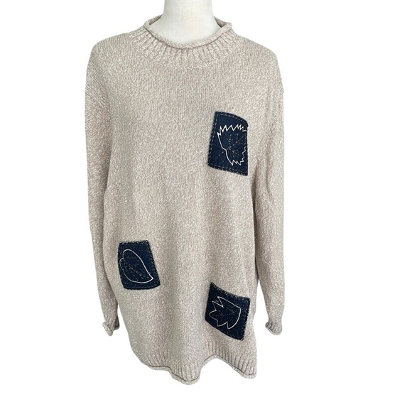 Stitches in Time Vintage Sweater Fall Leaf Navy Patches Tan Artsy Tunic Women 3X - Picture 3 of 10